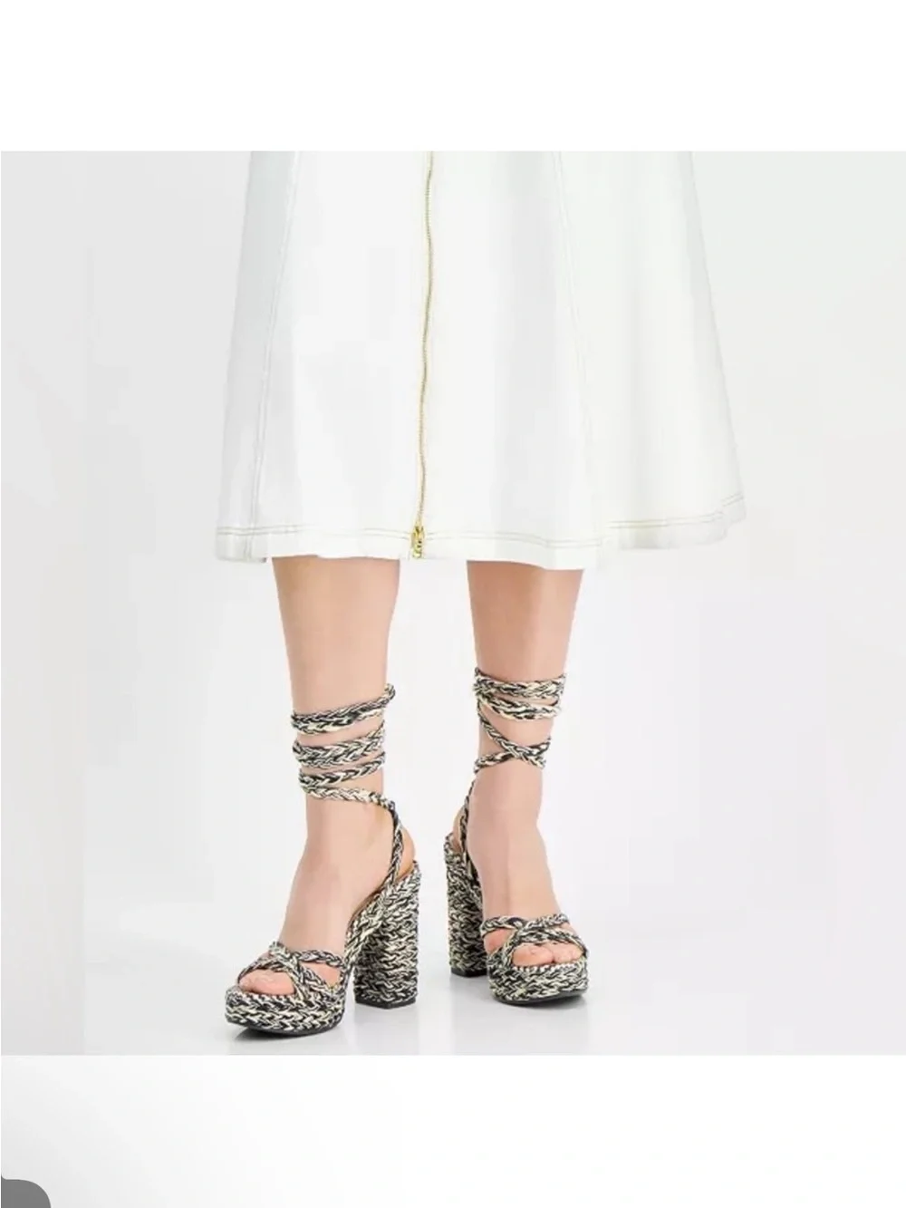 INC Braided Platform Ankle-Tie High Heel Sandal in Black & Beige